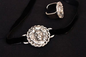 orgada's black fierce leono velvet choker and lion ring on a black background 