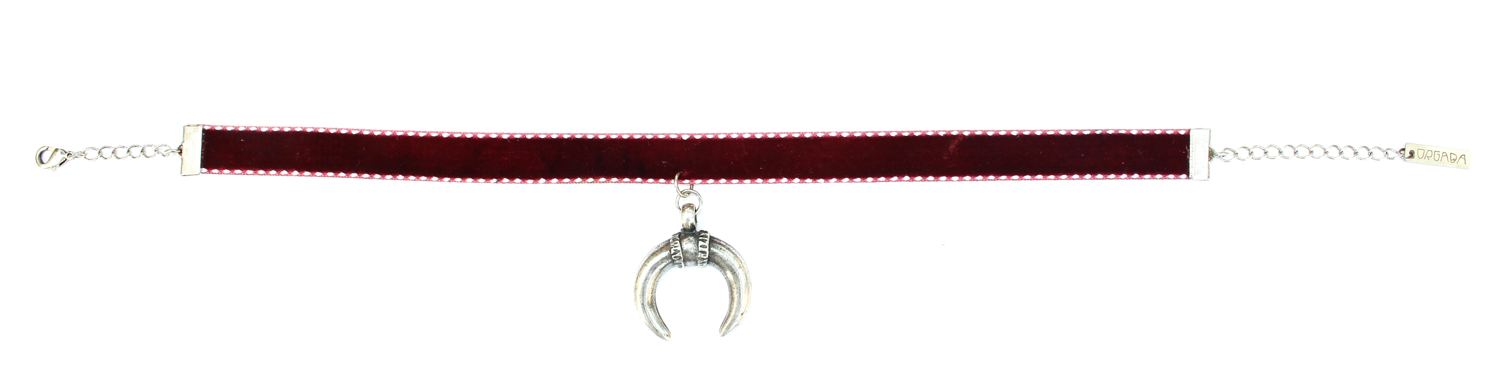Orgada's Maroon Gypsy Luna Choker made with a soft velvet strap and a moon pendant on a white background